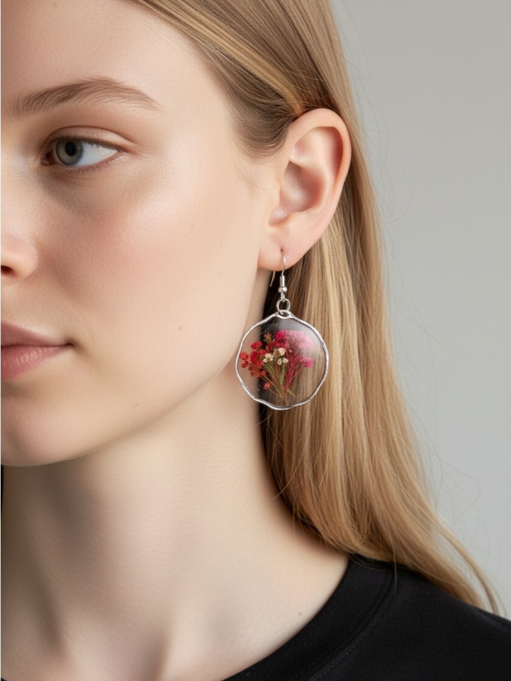 10/3 Sterling Silver Hoop Earrings with Pink & Red Pressed Flowers